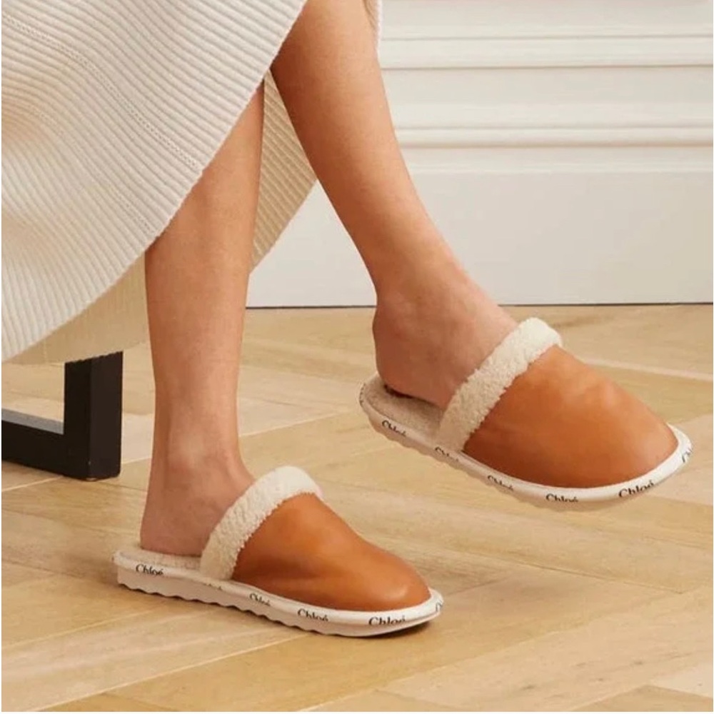 Chloe Woody Leather Suede Logo Shearling Sherpa Slippers